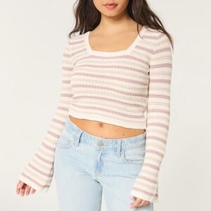 NEW Hollister Women's S Rose Cream Tan Square Neck Knit Crop Sweater Tie Back